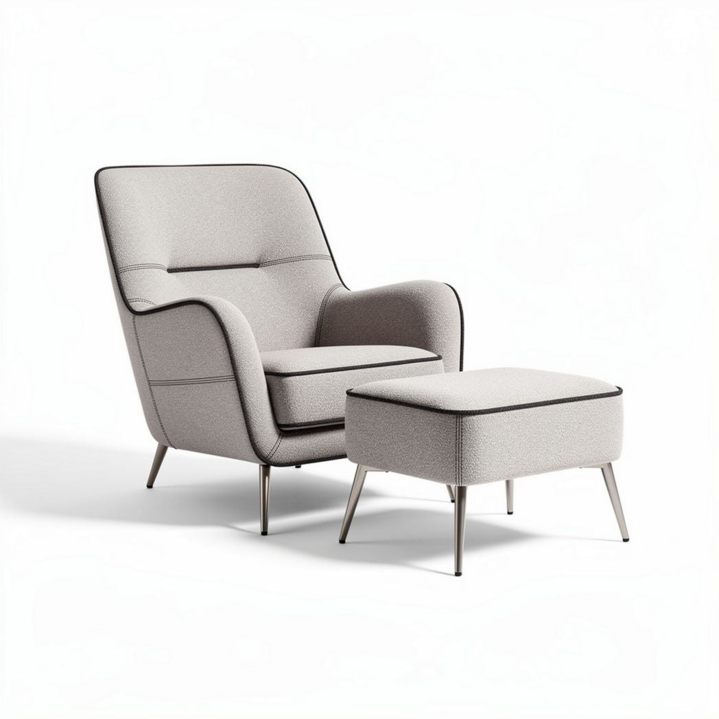 Modern armchair with ottoman in light gray fabric and metal legs 80 x 70 x 90cm