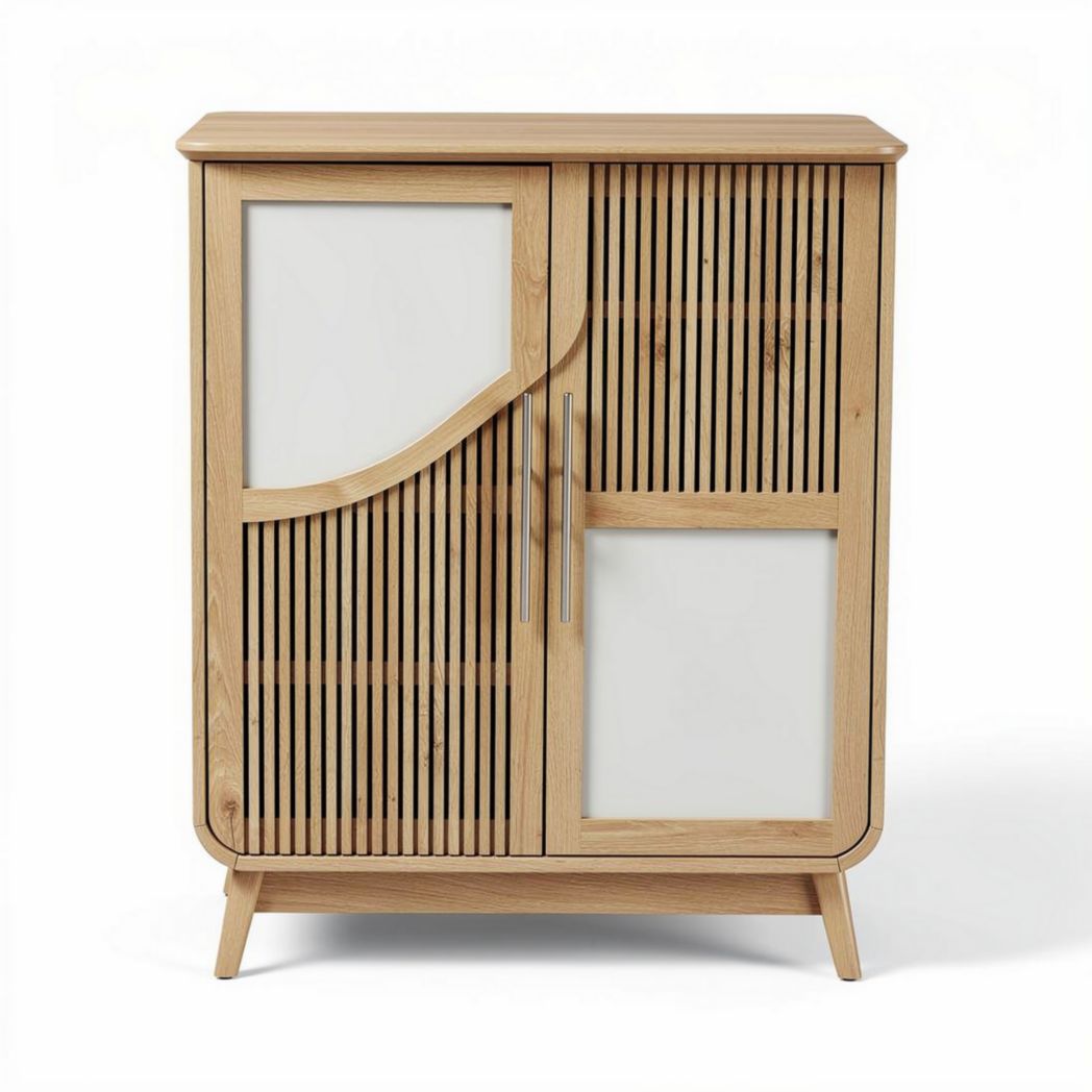Oak wood storage cabinet with rattan doors and arched top design 100 x 50 x 150cm