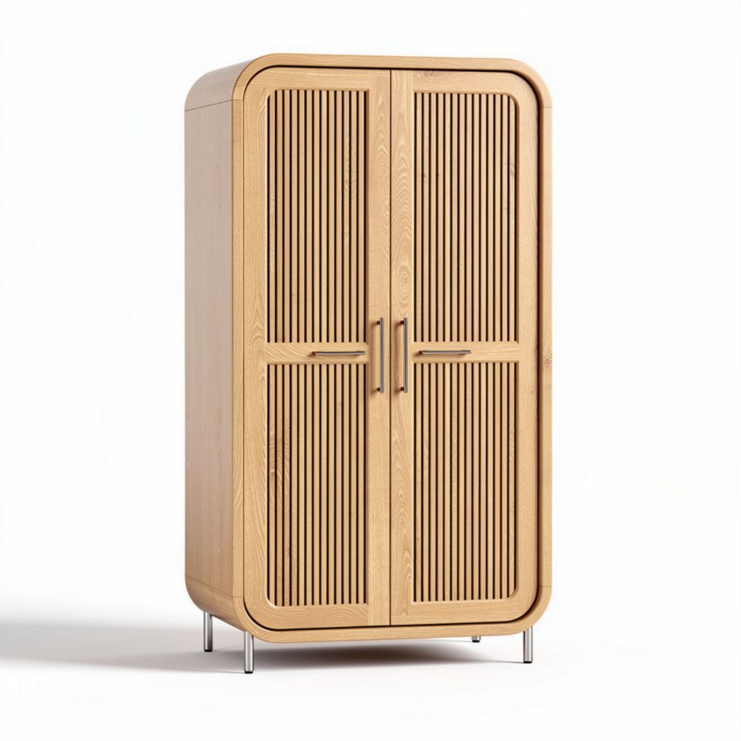 Wooden storage cabinet with slatted doors for living room organization 90 x 50 x 180cm