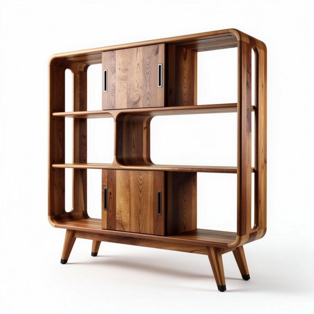 Wooden shelving unit with two cabinets and open storage space 120 x 40 x 150cm