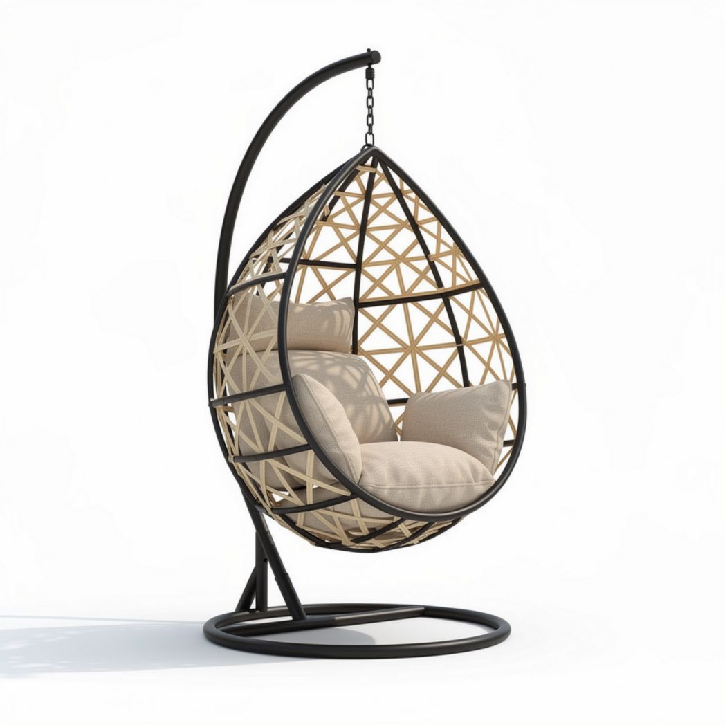 Hanging egg chair with cushion in beige woven rattan and metal frame