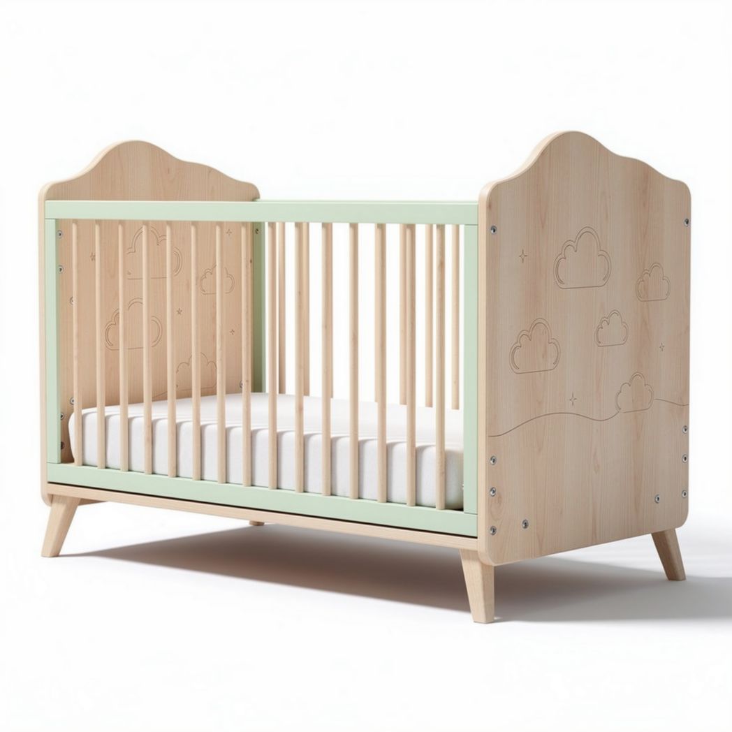 Wooden baby crib with removable mattress and cloud design 120 x 60 x 90cm