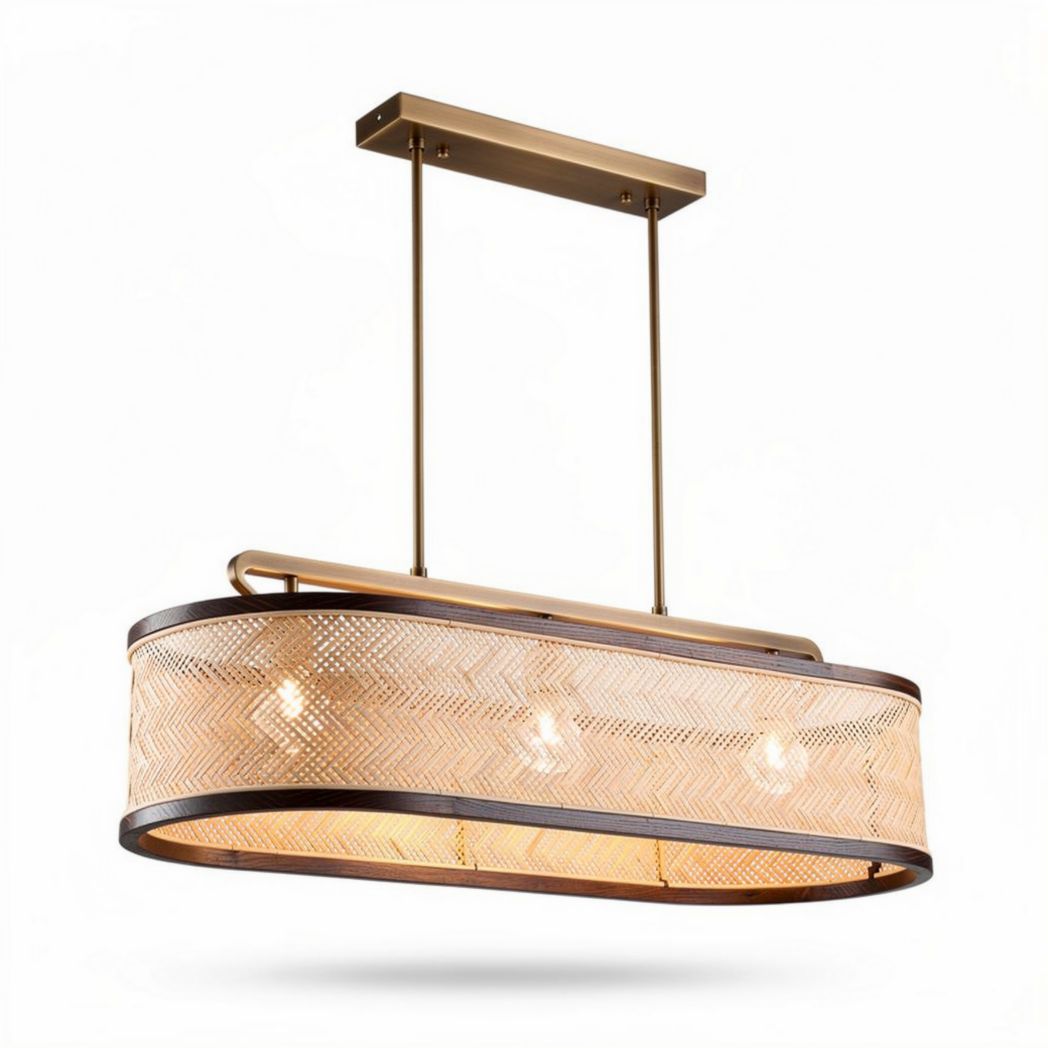 Hanging pendant light fixture with woven rattan shade and gold finish 60 x 25 x 15cm