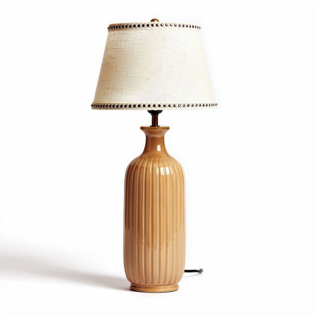 Ceramic table lamp with beige linen shade and ribbed design 30 x 30 x 55cm
