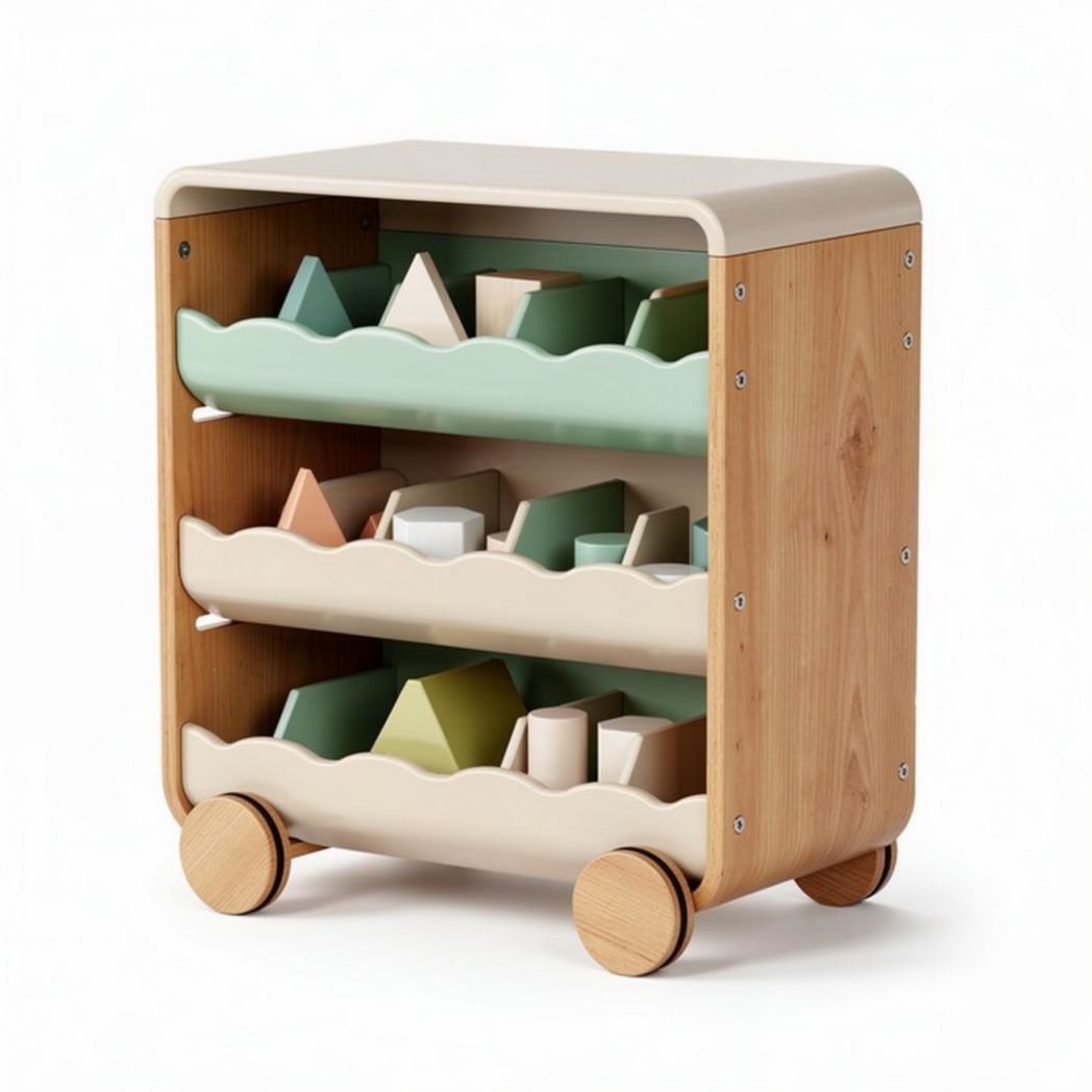Kids storage organizer in pastel green with two shelves and wheels