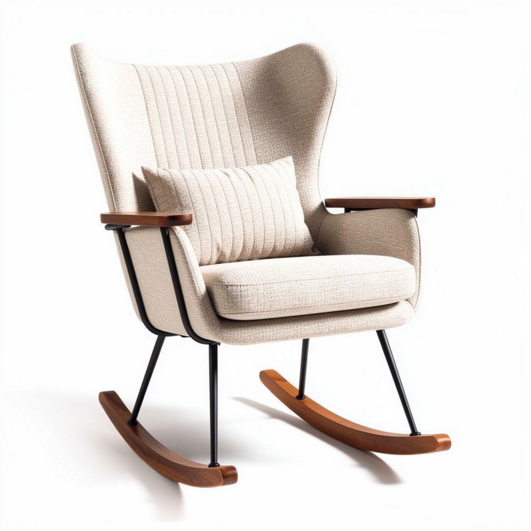 Rocking chair with fabric upholstery and wood accents in beige color
