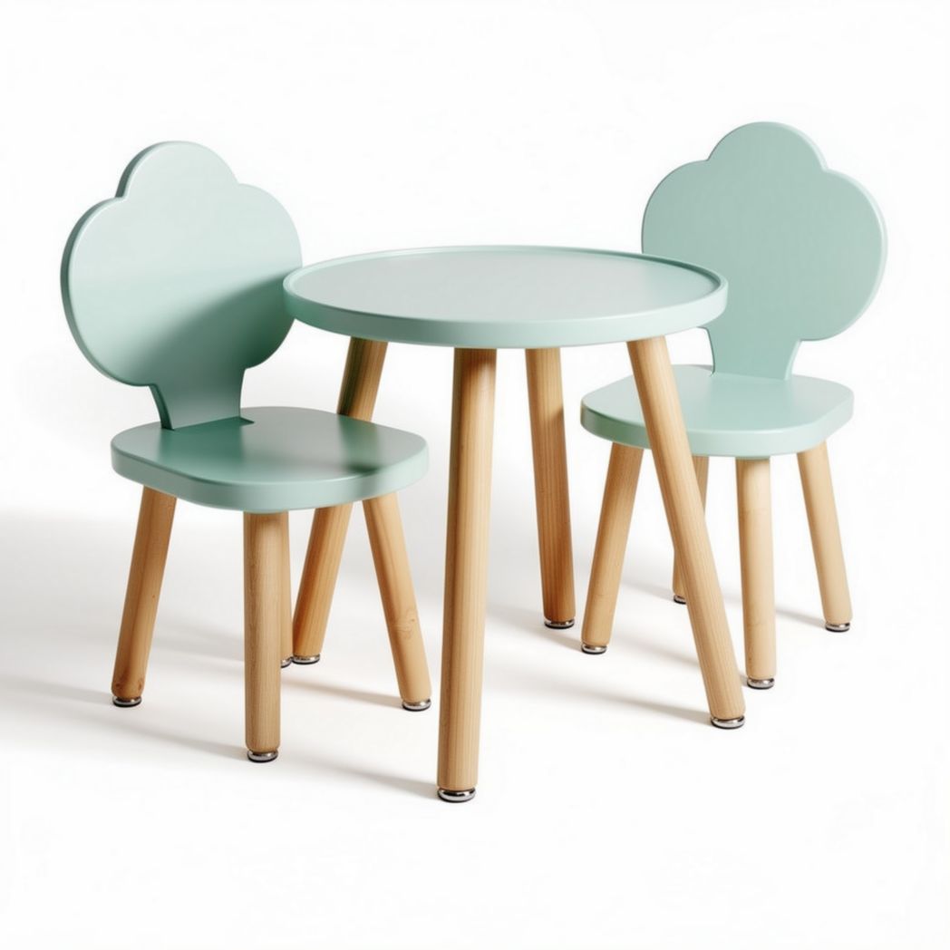 Kids' table and chair set with cloud shaped backs in mint green wood 60 x 60 x 50cm