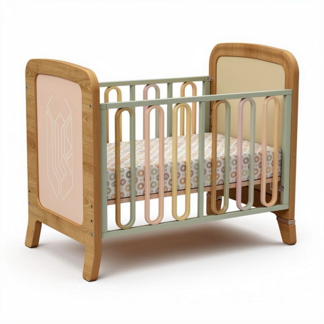 Wooden baby crib with pastel accents size 120 x 60 x 80cm