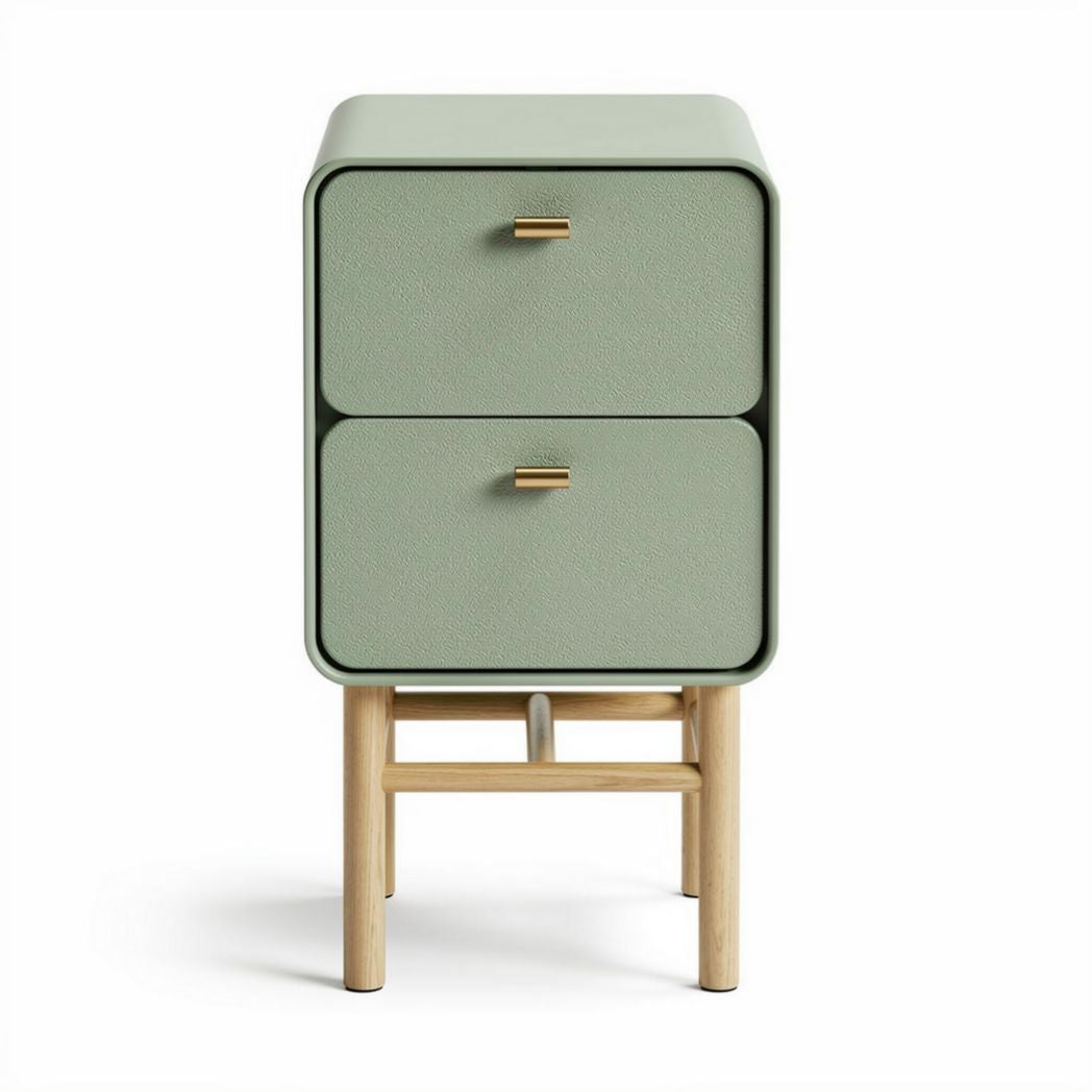 Green two-drawer nightstand with wooden legs and modern design 40 x 40 x 60cm
